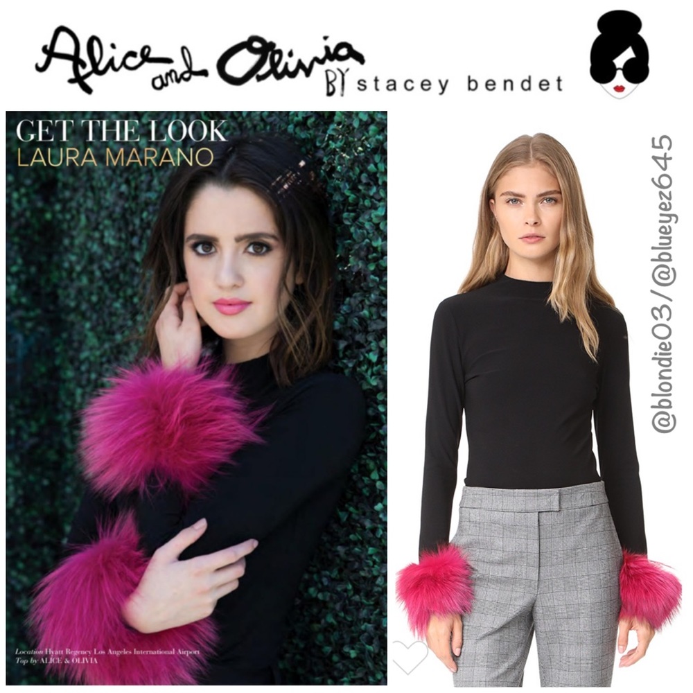 Alice + Olivia Haylen fur cuff mock neck blouse S - Picture 1 of 6